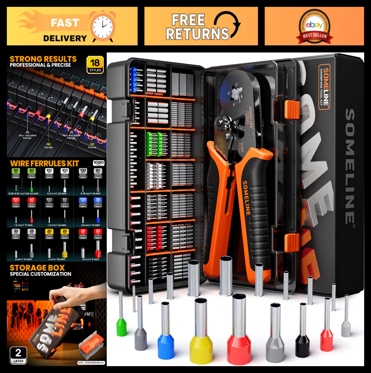 Self-Adjusting Ferrule Crimping Tool Kit, 18 Sizes Wire Ferrules & Terminals, AW