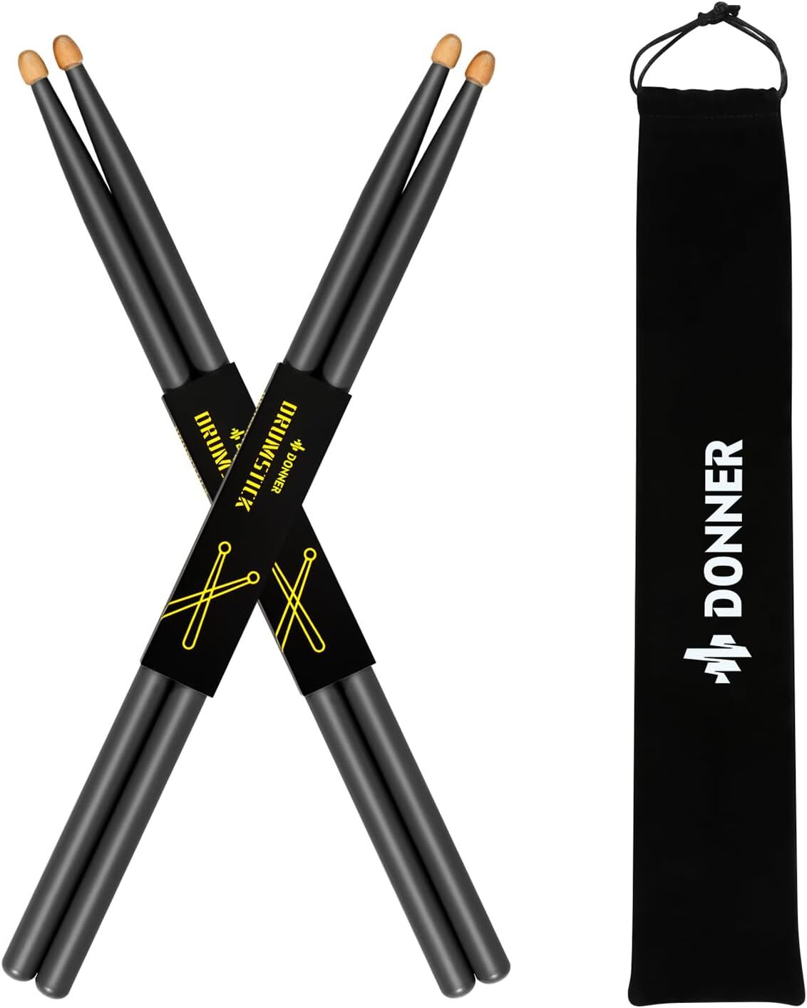 🥁 Donner 2 Pairs 5A Drumsticks Maple Wood Black Drum sticks With Storage Bag