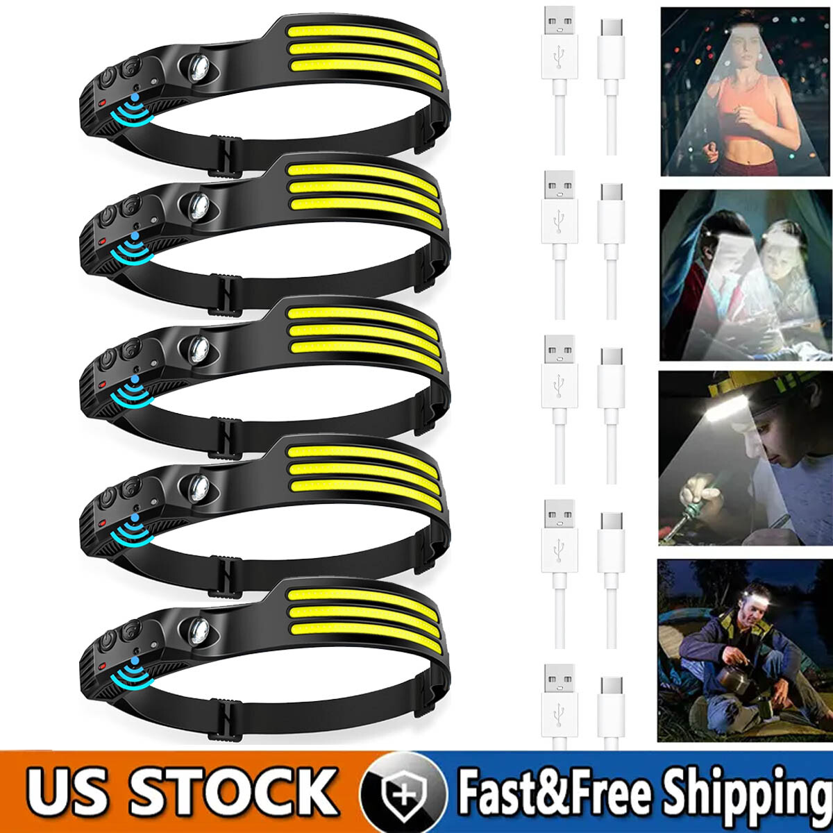 5 Pcs Headlamp Flashlight 12000 Lumen LED Rechargeable Headlight White Lights