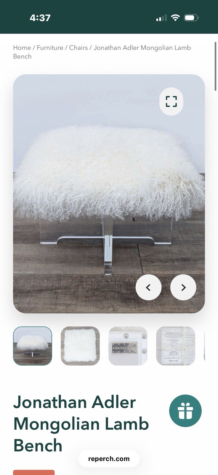 Jonathan Adler Mongolian Lamb Bench Acrylic Base Upholstered White Fur