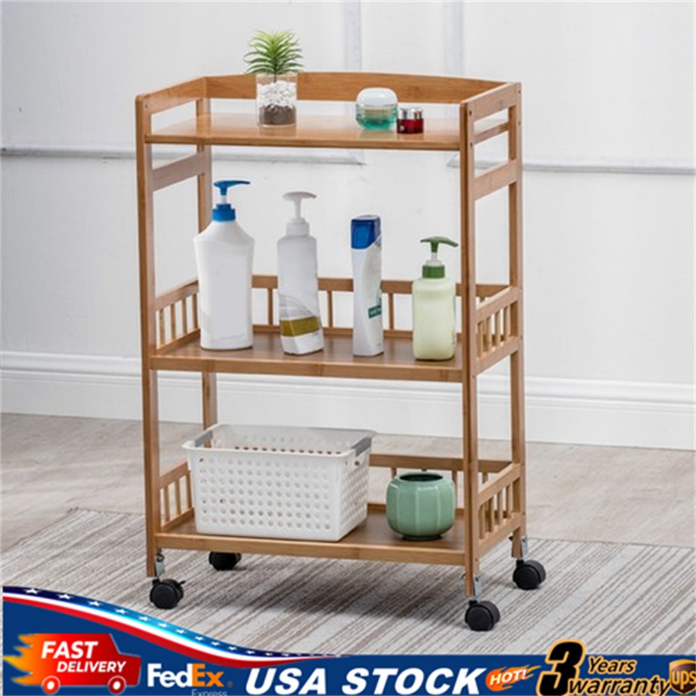 3 Tier Kitchen Serving Cart Bar Food Storage Organizer Rack Home Bamboo Trolley