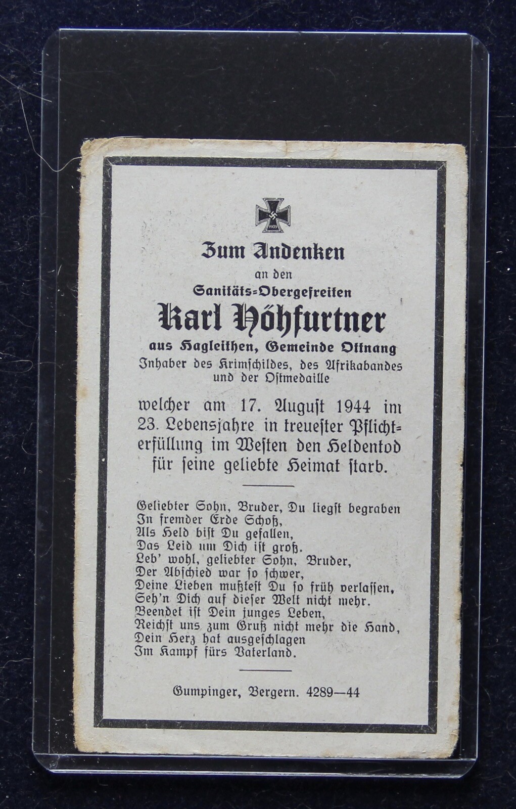 WWII German Funeral Card Sterbebild Höhfurtner Krim Shield & Afrika Cuff Title!
