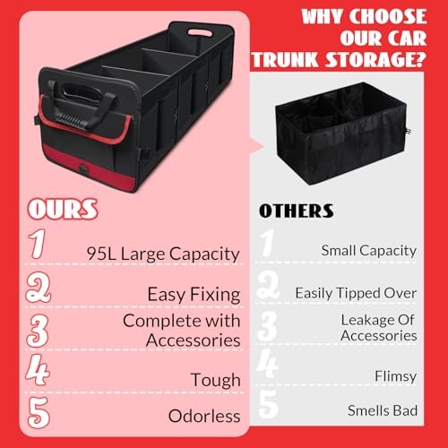 Car Trunk Organizer,Heavy Duty Collapsible 95 L Capacity Car Trunk Red 95L