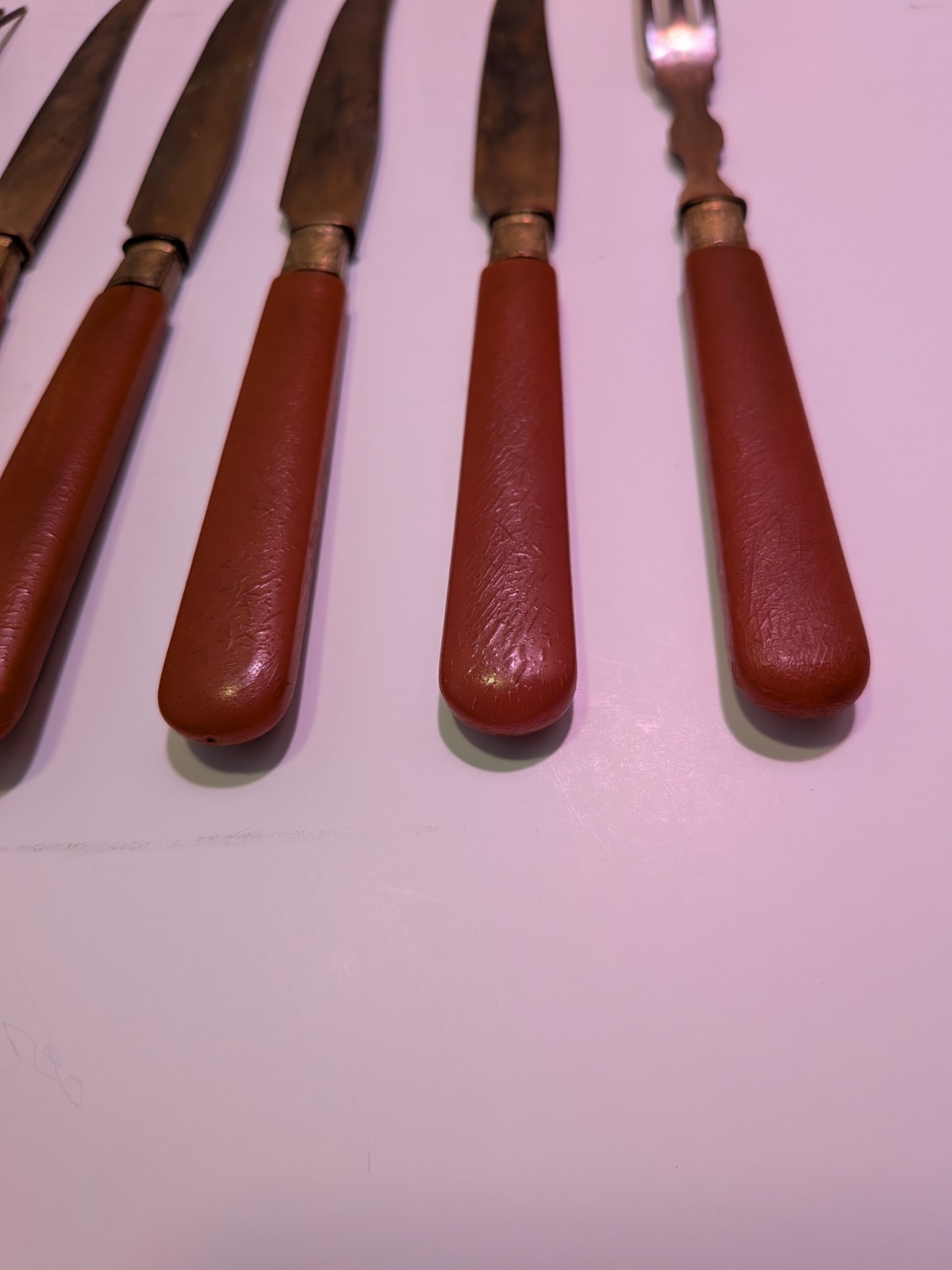 Vintage Red And Brass Fork And Knife Set 6 Ct