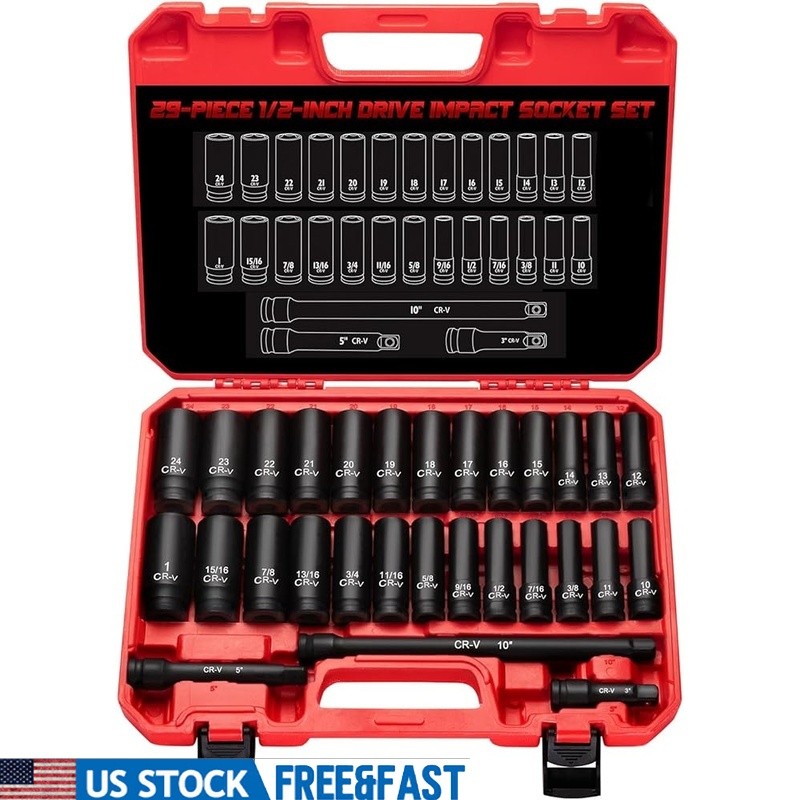 29-Piece 1/2 Drive Impact Socket Set Cr-V Steel Deep SAE Metric W/ Storage Case
