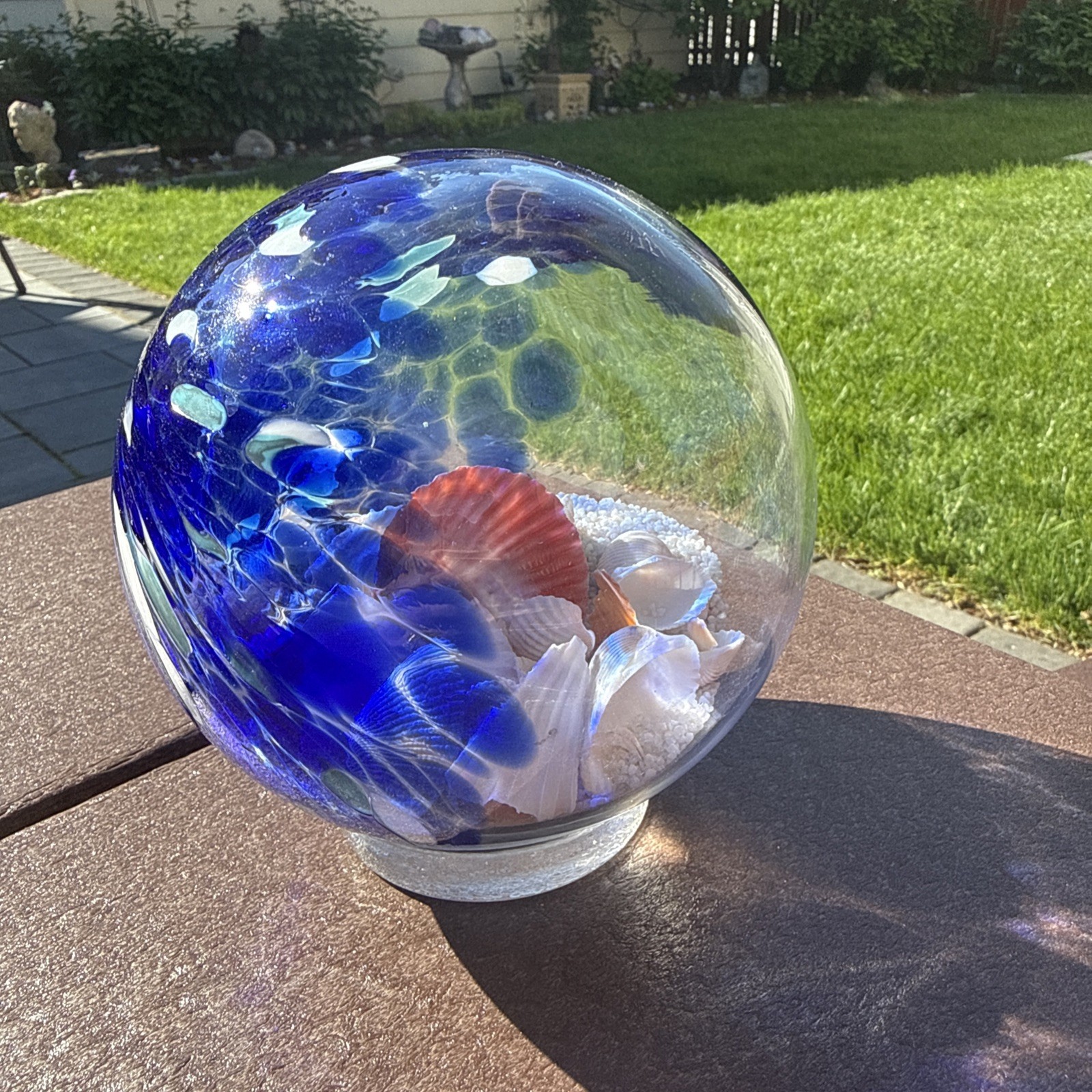 Large Hand Blown Ocean Waves Orb Globe Ball With Sand & Seashells 5.5”
