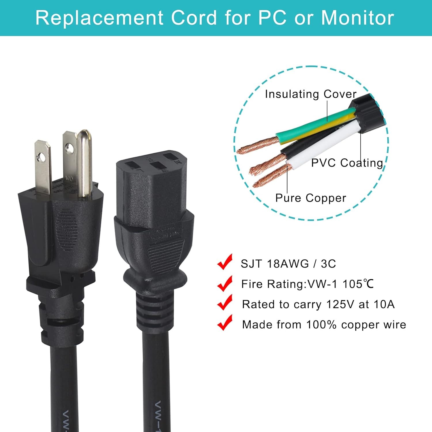 12FT Computer Monitor Replacement Power Cord -Black Long Standard 12FT, Black