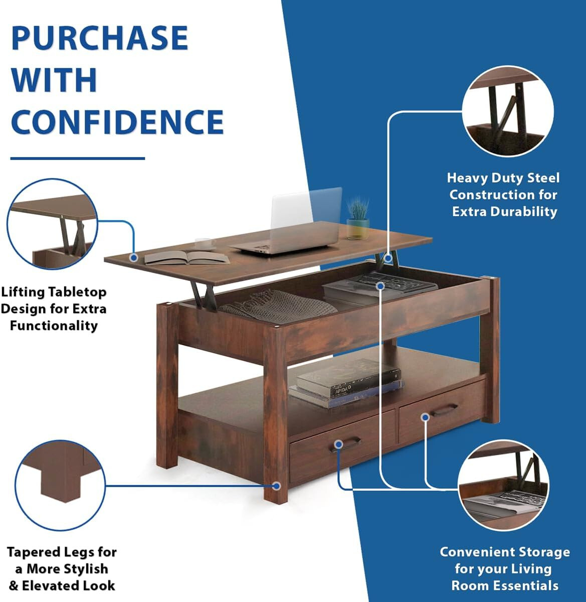 2 Drawer Lift Top Coffee Table with Hidden Compartment & Storage Shelves Rustic