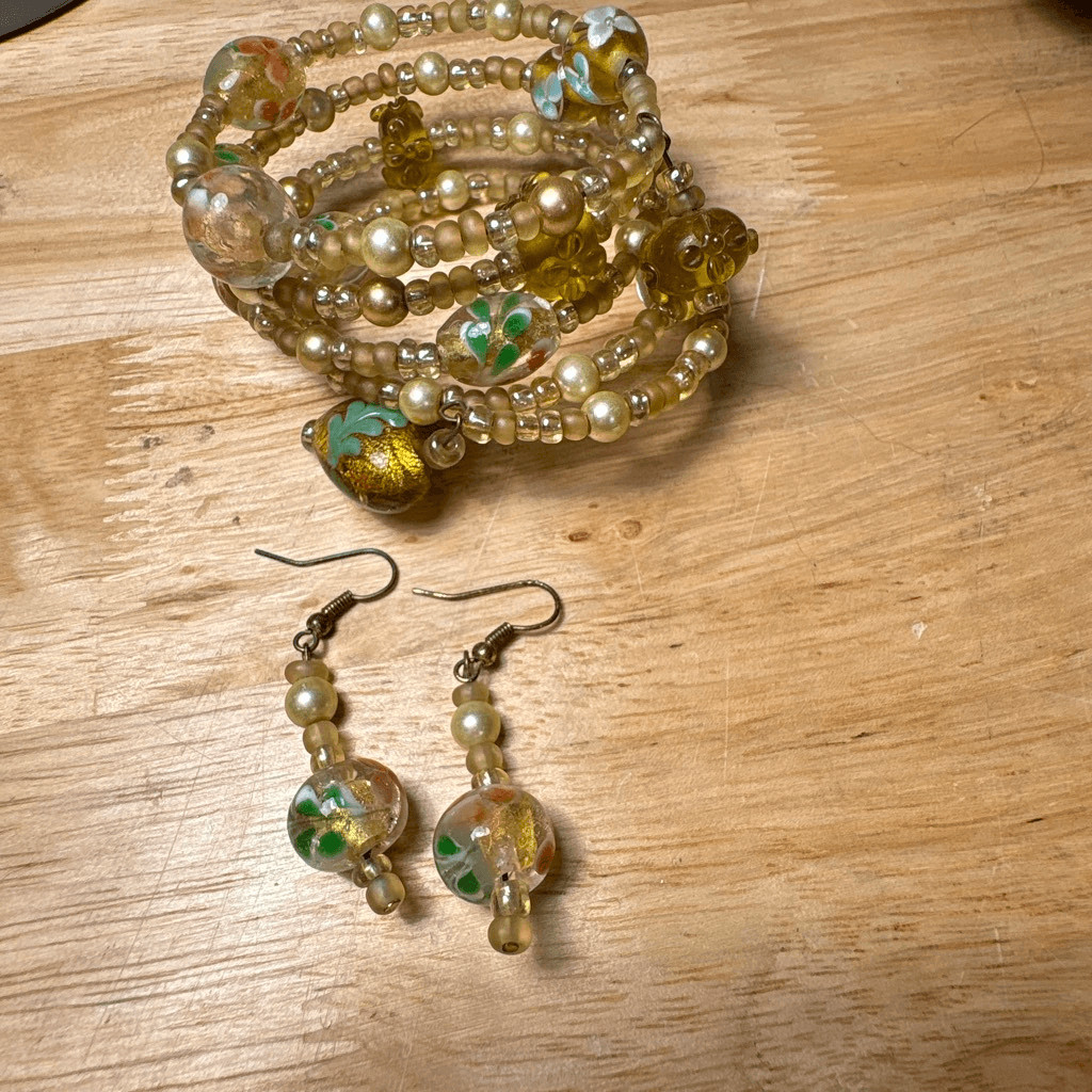 Gold and Yellow Wrap Bracelet and Earring Set, Handmade, Unique