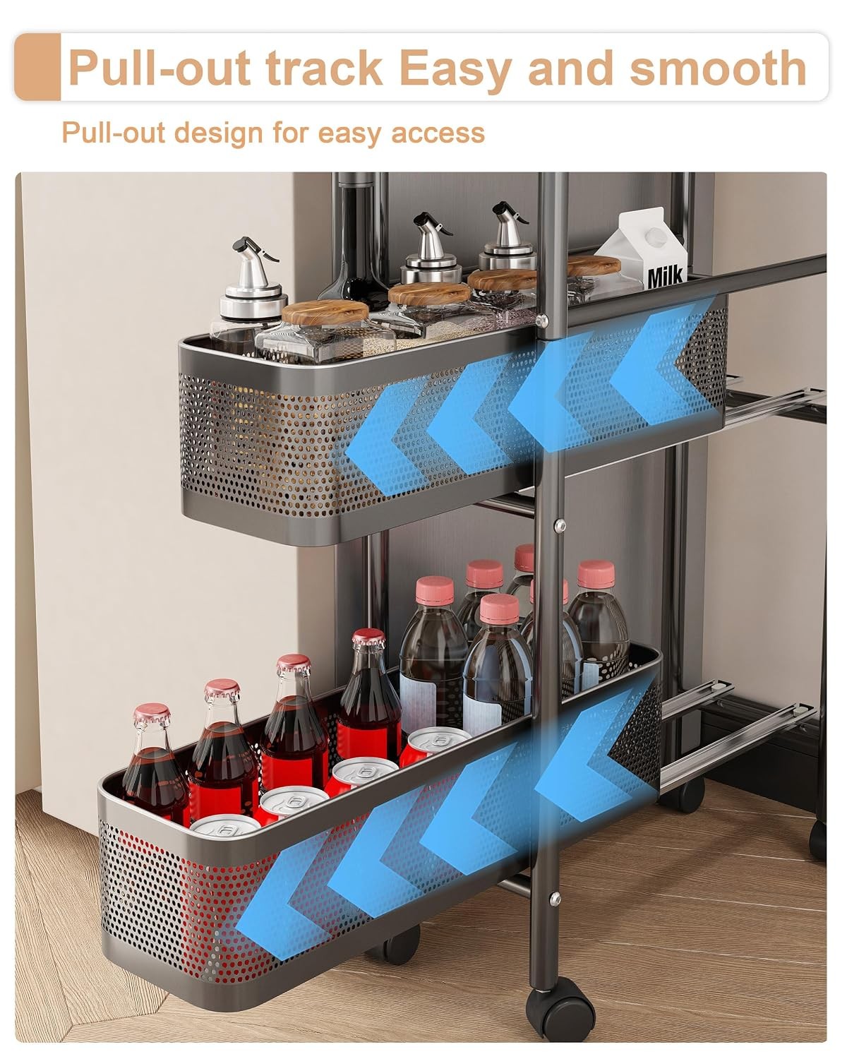 5 Tier Black Mobile Storage Cart with 5 Pull Out Baskets Narrow Shelving Unit