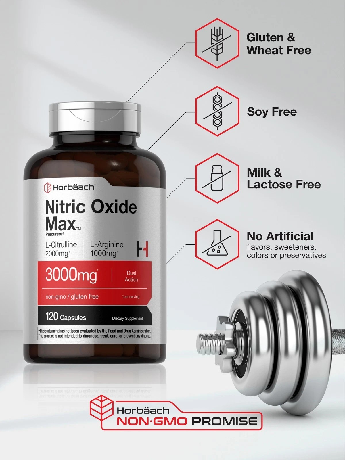 Nitric Oxide Supplement | 3000mg | 120 Capsules | Pre Workout | by Horbaach