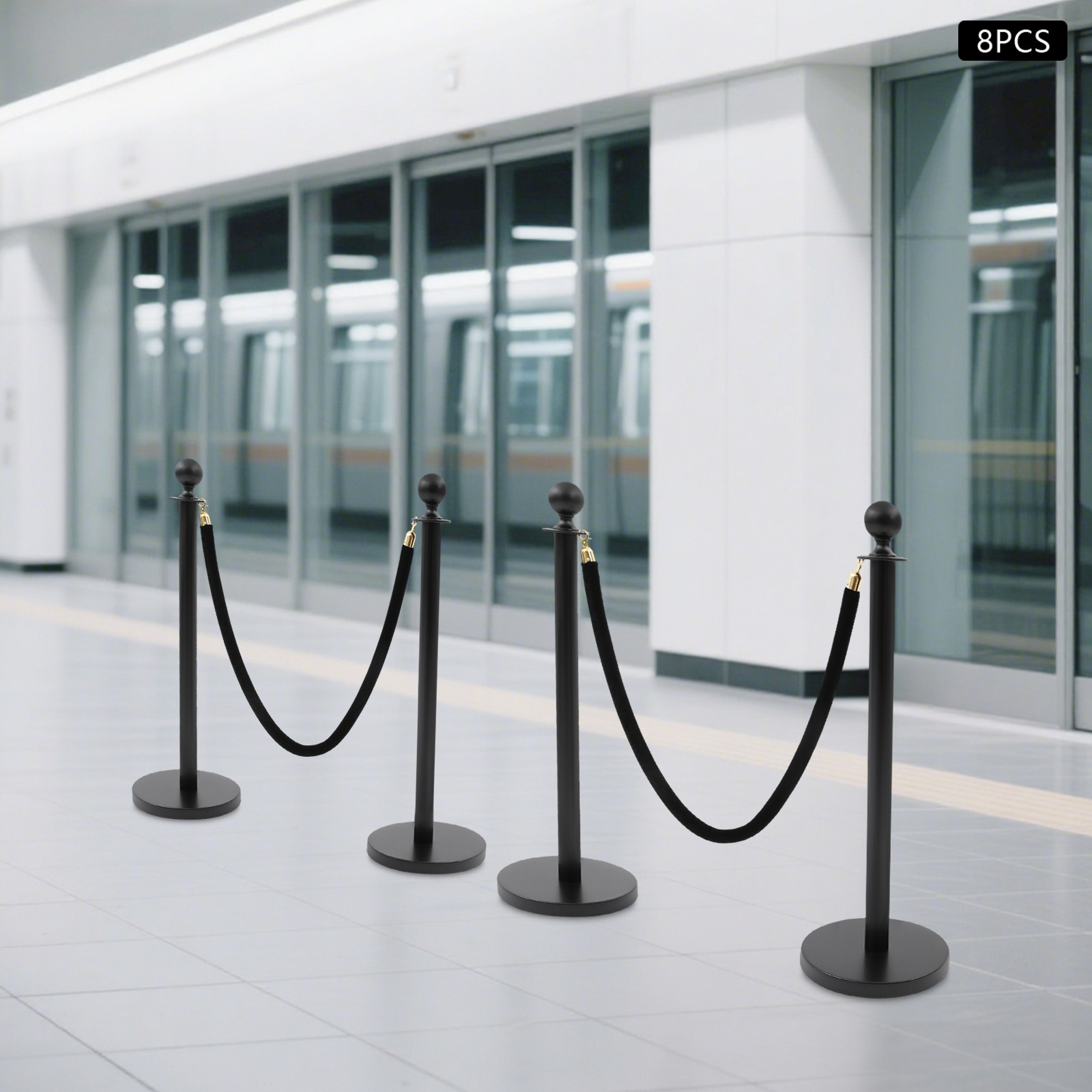 8 PCS Black Stanchion Posts Queue Pole with 4 1.5M Ropes Crowd Control Barrier