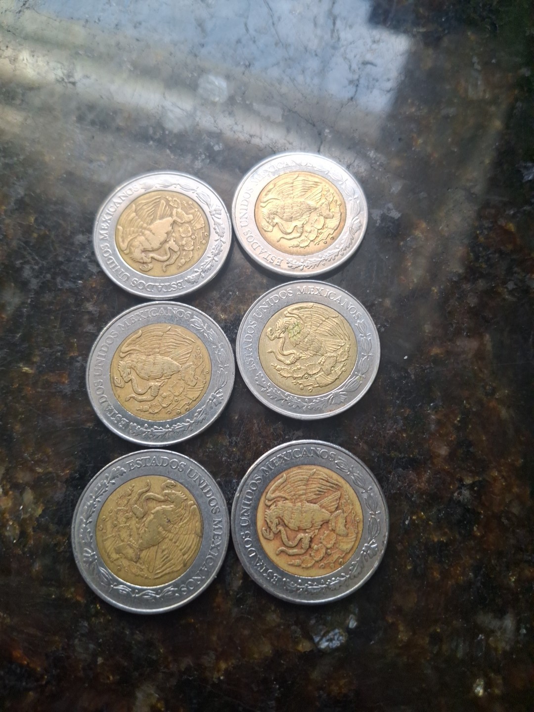 Lot Of 6- $5 Mexican Peso Coins. Mixed Dates, Circulated