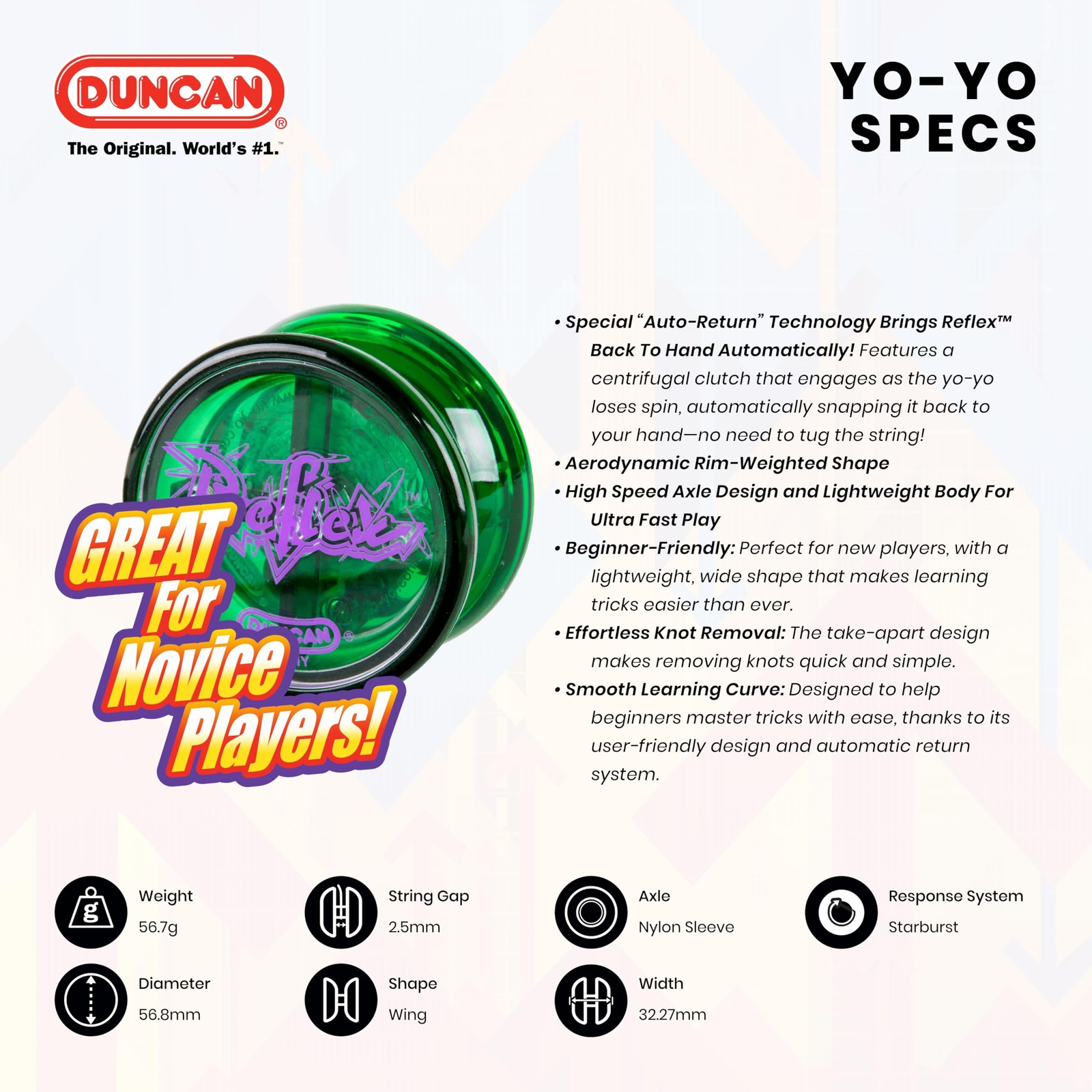 Duncan Toys Reflex Auto Return Yo-Yo, Beginner String Trick 2 inches, Green