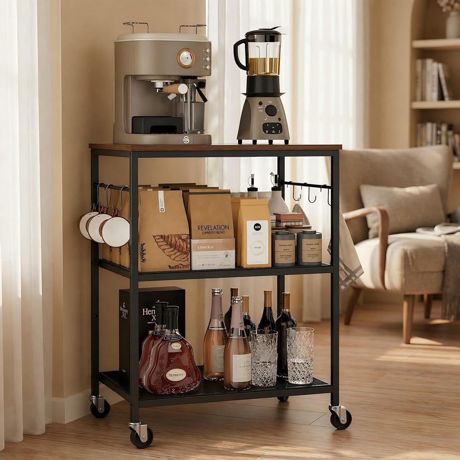 3-Tier Rolling Kitchen Cart with Lockable Wheels Coffee Bar