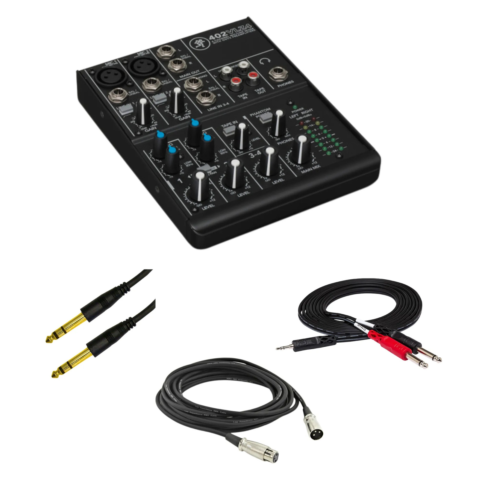 Mackie 402VLZ4 4-Channel Compact Analog Mixer with Hosa CMP-153 Stereo Breakout