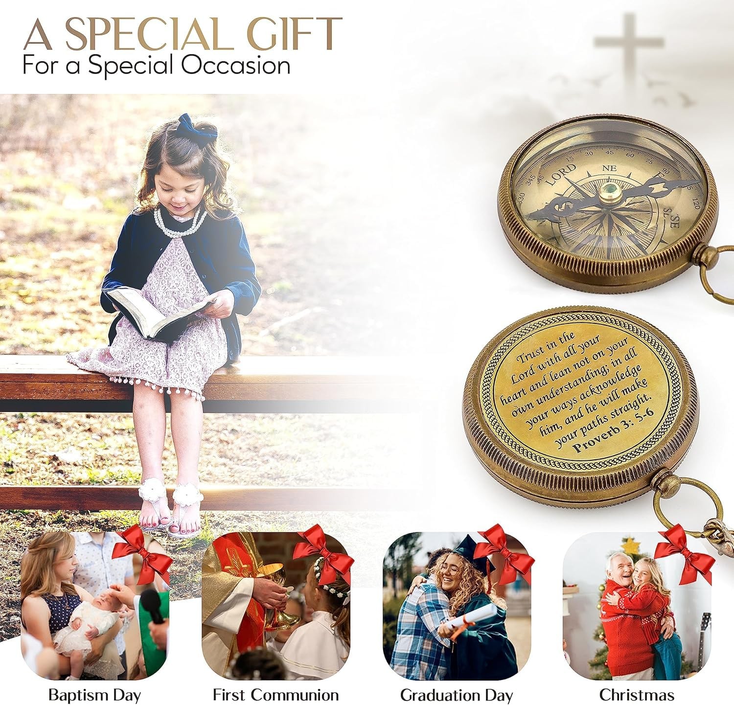 Brass Compass Gift with Display Box - Engraved Scripture Prayer Compass Relig...