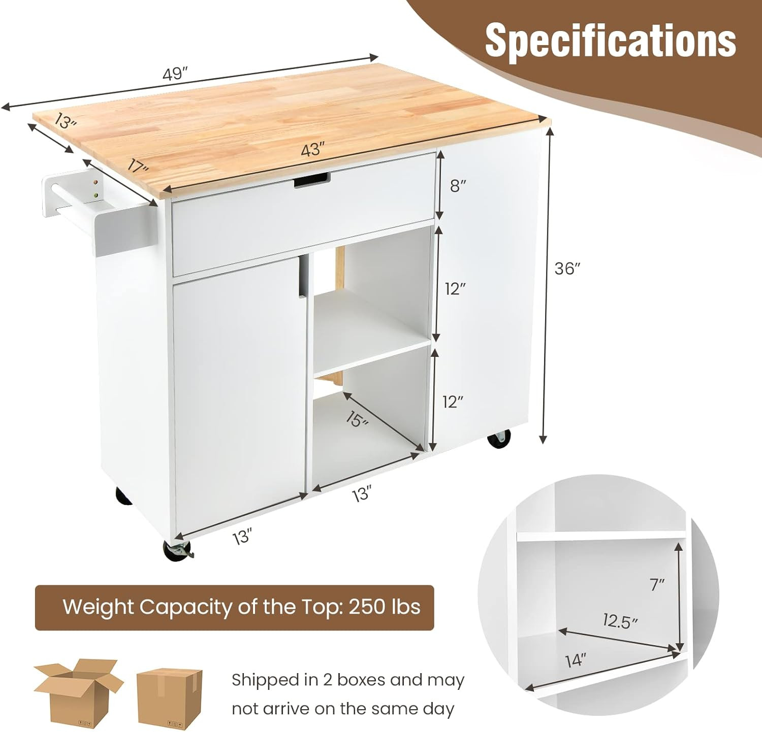 White Kitchen Island Cart with Drop-Leaf, Shelves & Rolling Wheels