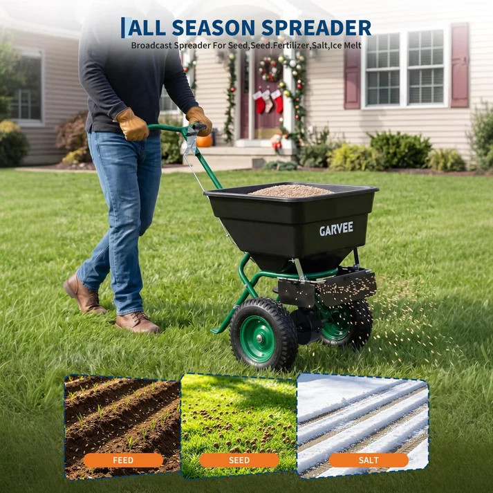 100 lb Push Broadcast Spreader with 12' Spread Width, Adjustable Drop Rate