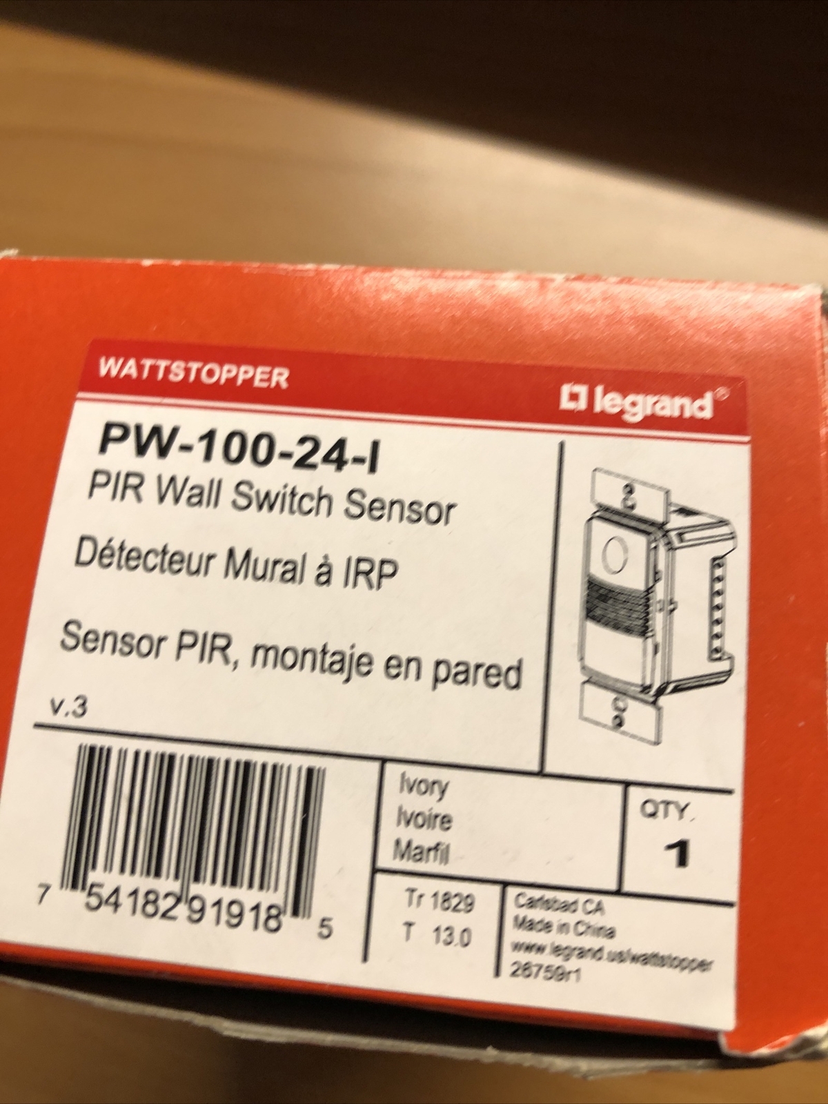 WattStopper PW-100-24-1 Passive Infrared PIR Wall Switch Sensor 24VDC Ivory