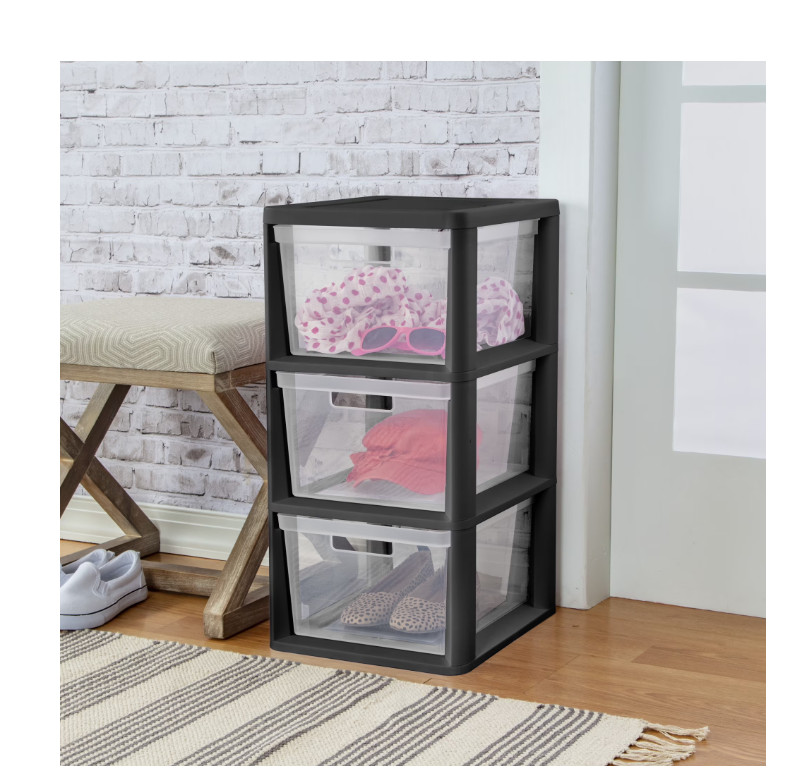 2 Pack 3 Drawer Storage Tower Plastic Organizer with Clear Bins Black
