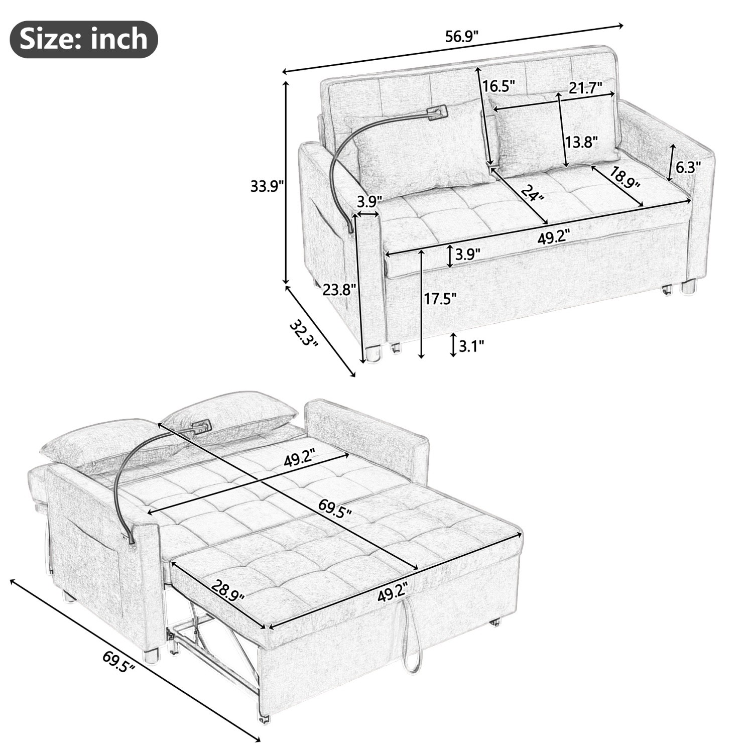 56.9'' Convertible Sleeper Sofa Bed Loveseat Sofa w/ Pull Out Bed & USB Ports