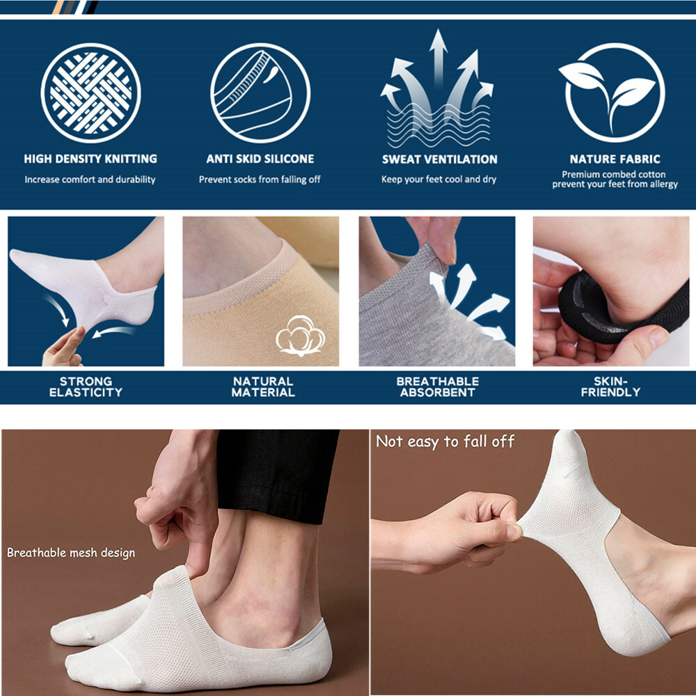 3-12 Pairs Mens No Show Invisible Nonslip Loafer Boat Cotton Low Cut White Socks