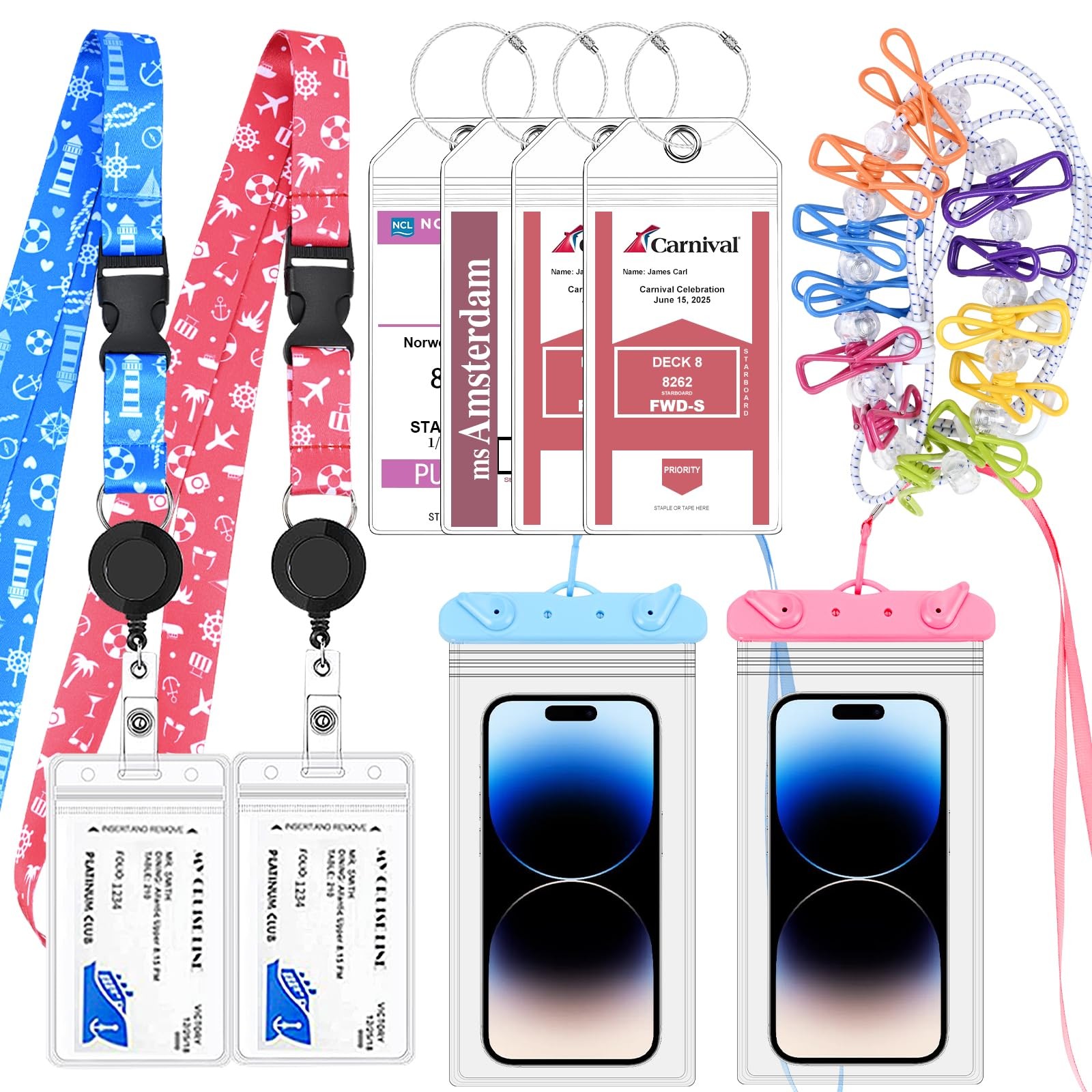 Cruise Ship Essentials 2025, 4 Luggage Tag Holders, 2 Red, Blue, Pink