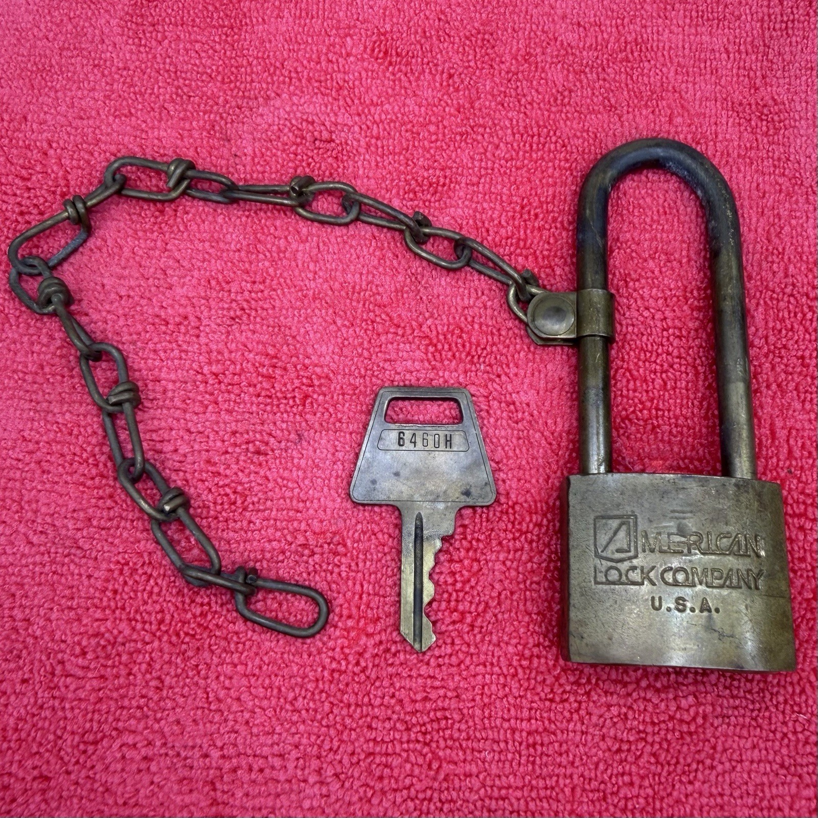 Vintage U.S. Military Brass Padlock , Chain & Key American Lock Co. USA 6460H