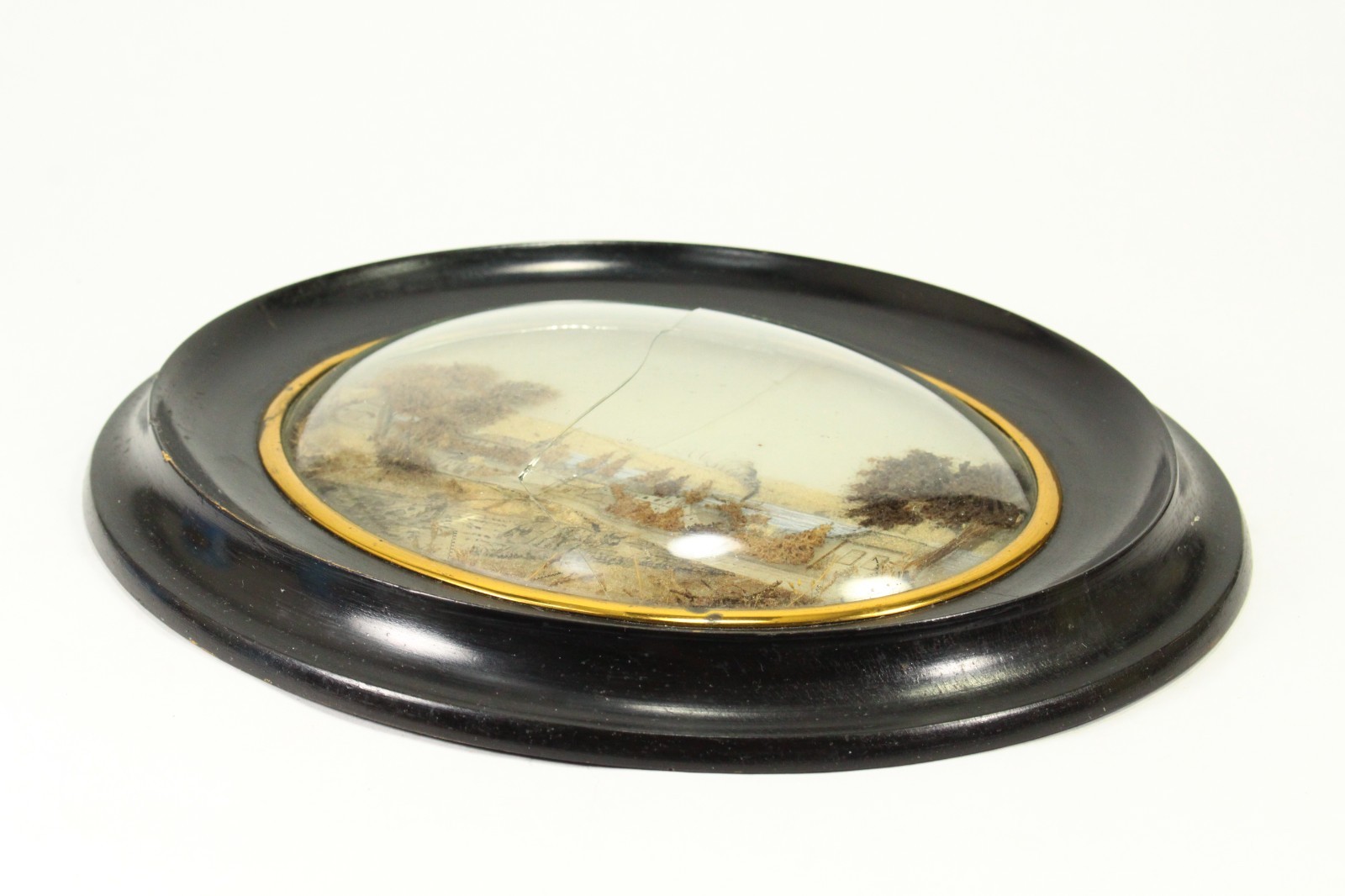 Antique 19th C. Mixed Media Reverse Glass Grisaille Diorama Oval Ebonized Frame