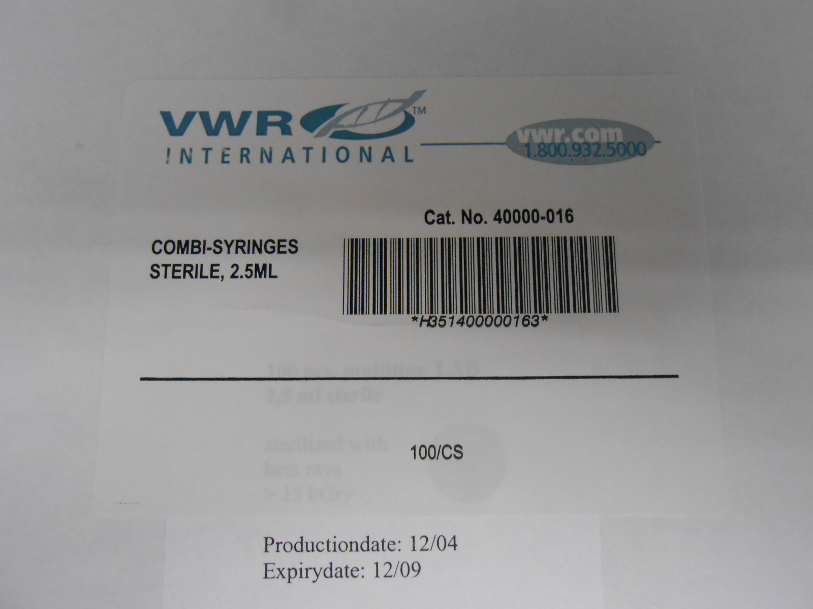 VWR 40000-016 STERILE COMBI-SYRINGES 2.5ML FOR REPEATER PIPETTORS 100/BX