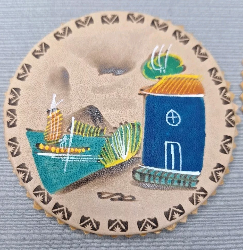 Vintage Hand Painted Leather Coasters Set 6 With Holder Peru Folk Art