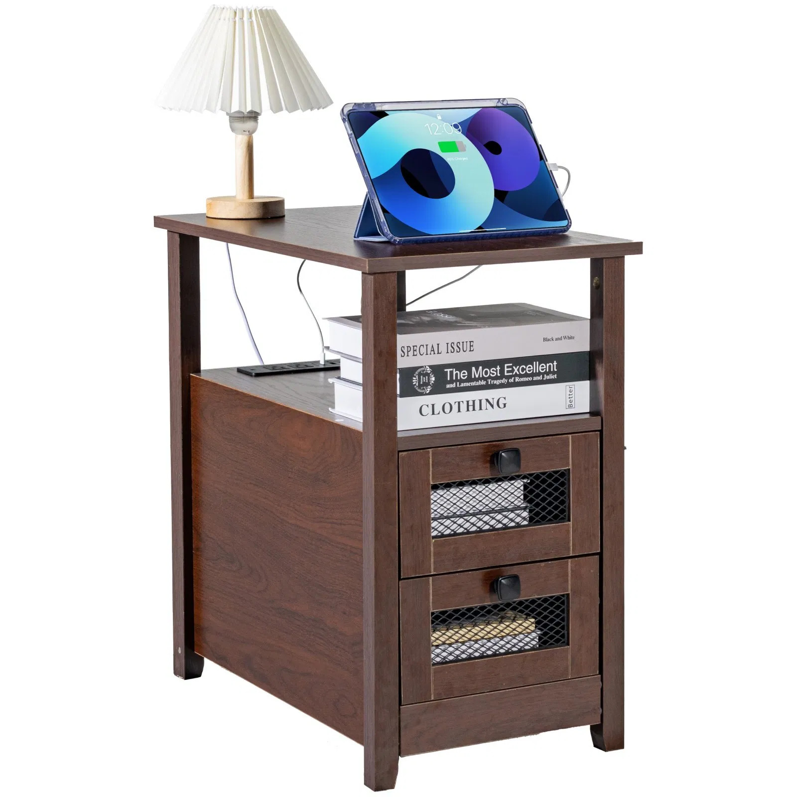 Farmhouse End Table, Nightstand with Charging Station, 4 Tiers End Table with St