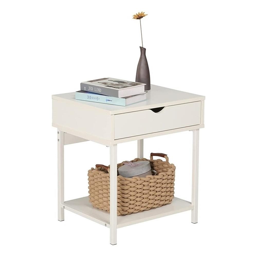 Pemberly Row Wood Side End Table with Drawer and Storage Shelves in White