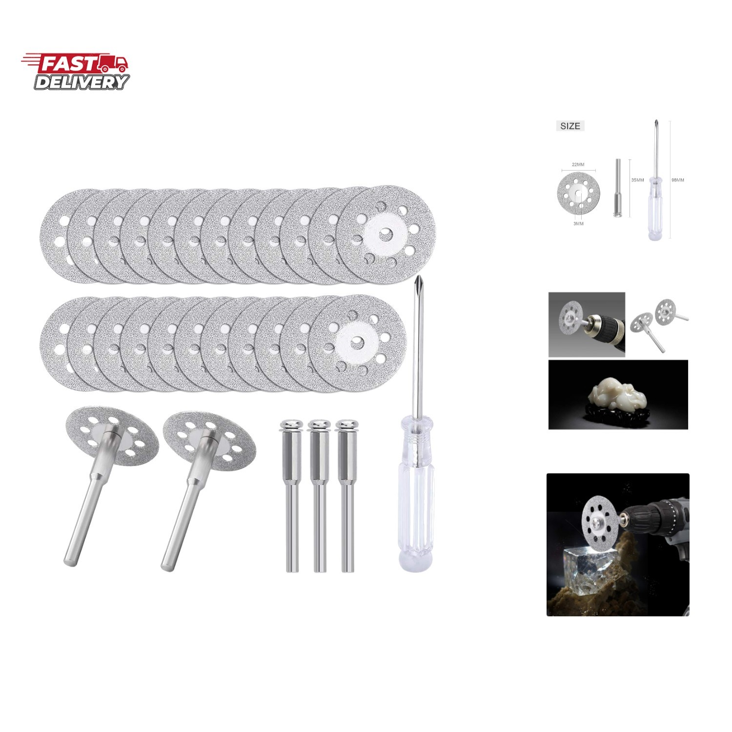 c i y 545 Diamond Cutting Wheel 22mm 25pcs with 402 Mandrel 3mm 5pcs and Scre...