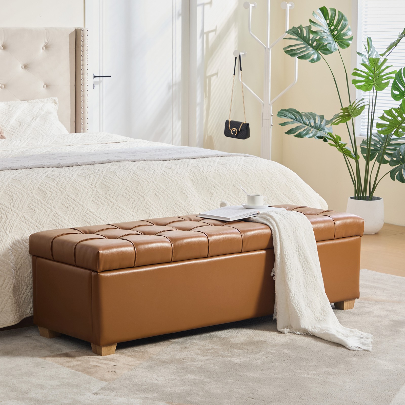 60.2" PU Upholstered Storage Bench End of Bed Ottoman Bench Bedroom Living Room