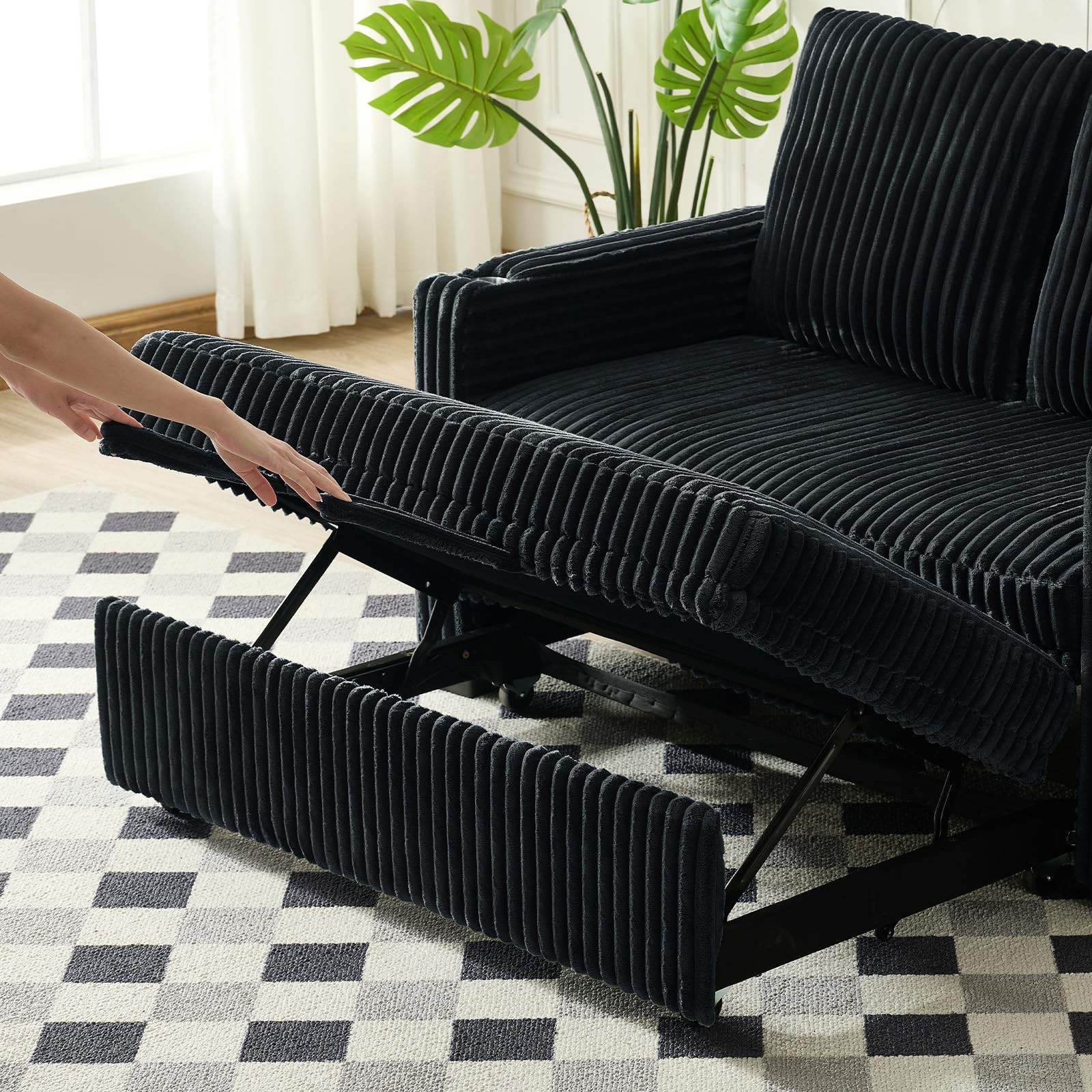 Pull Out Sofa Bed Convertible Corduroy Loveseat USB Charging Adjustable Black