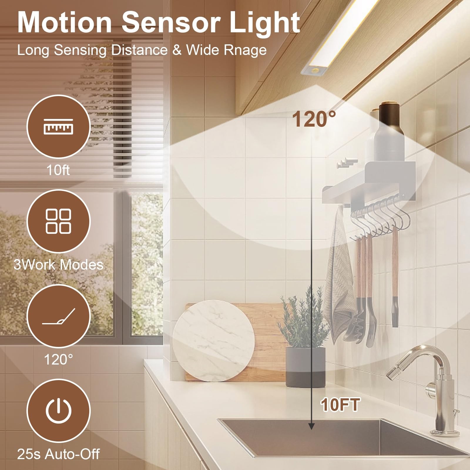 58 LED Motion Sensor Under Cabinet Lights, 3 Color Temperature Dimmable Ultra...
