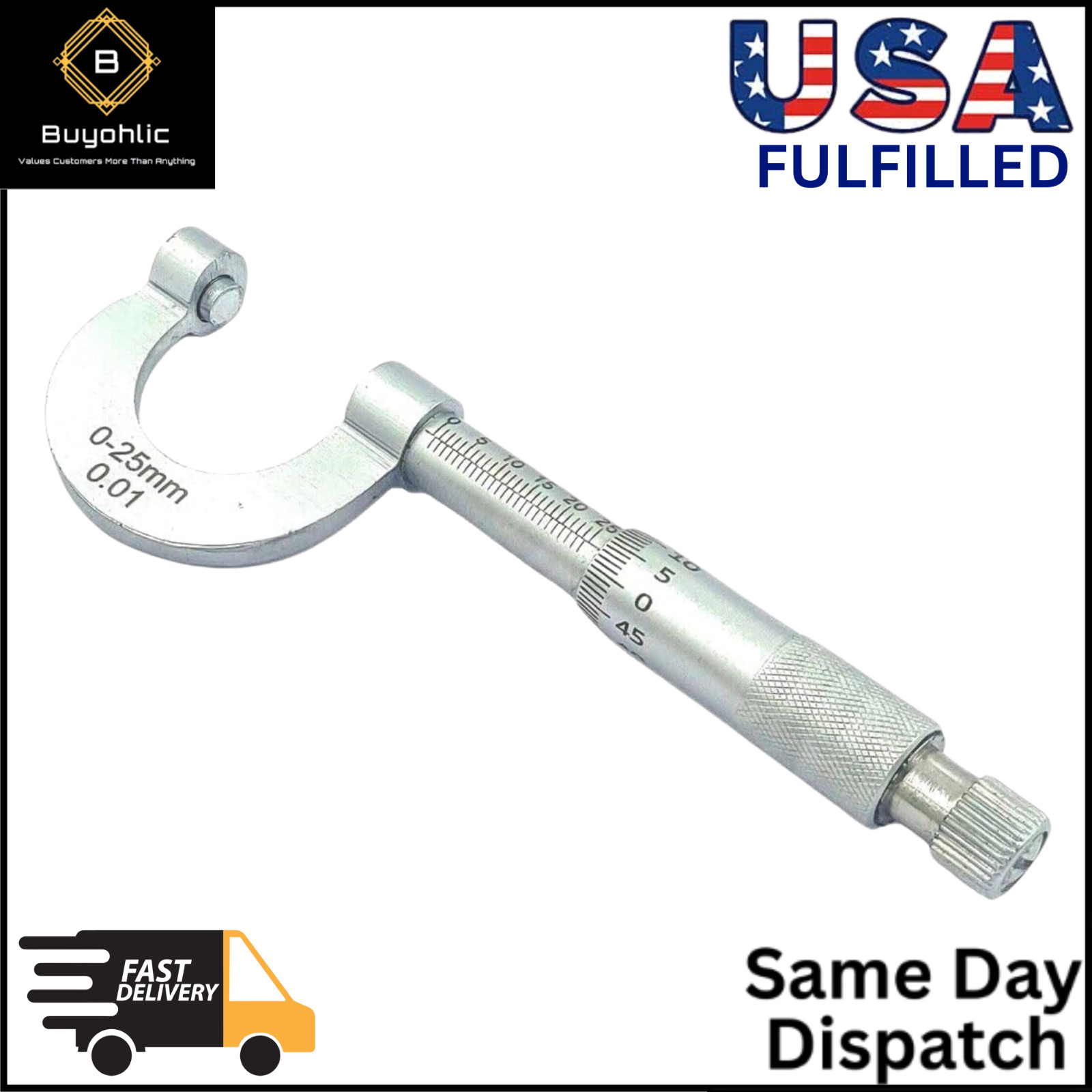 Economical Outside Micrometer, Chrome Plated Finish, Ratchet Stop, 0-25 mm Range