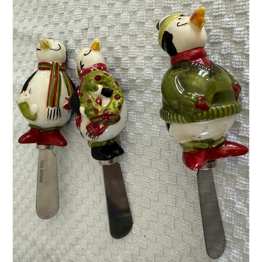 Set of 3 Stainless Steel & Ceramic Debbie Mumm Holiday Cheese Spreaders EUC