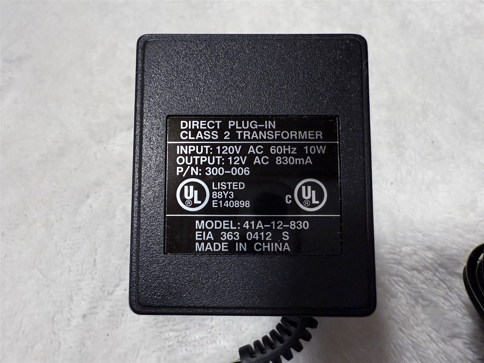 DIRECT PLUG-IN CLASS 2 TRANSFORMER 41A-12-830 EIA 363 0412 S CHARGER