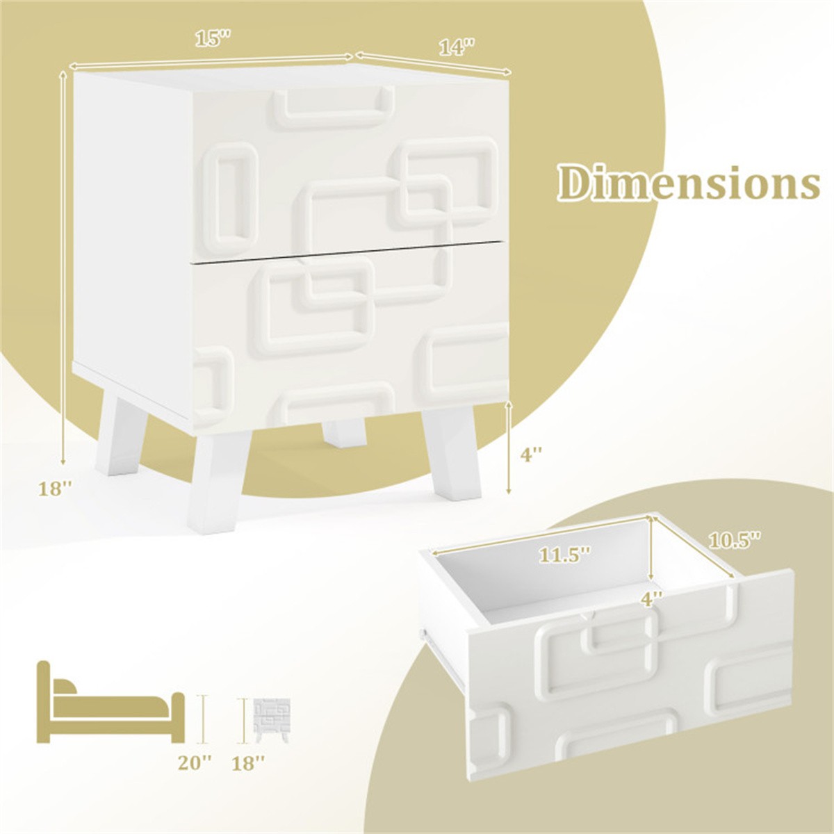 White Modern Nightstand Side Table with Drawers