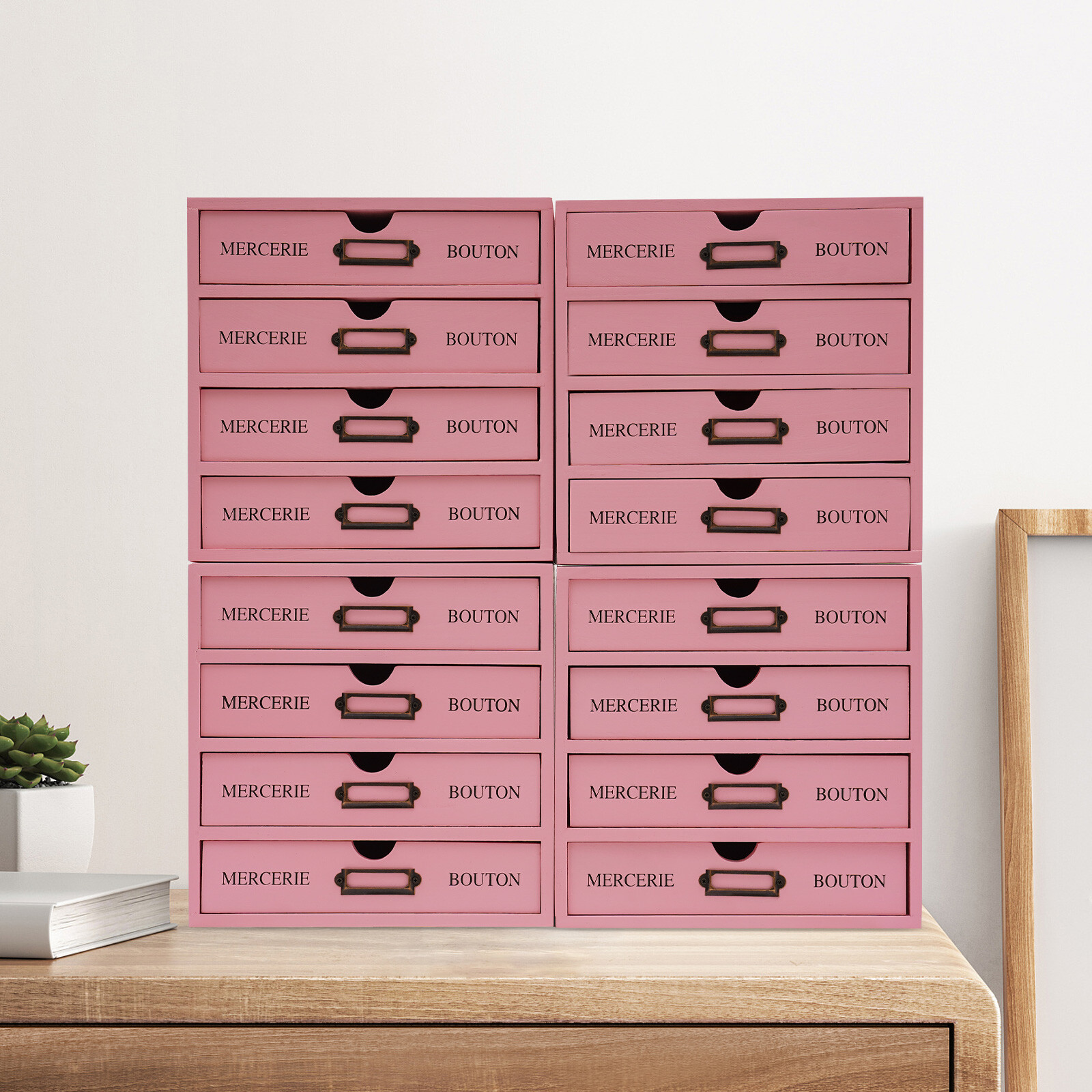 4 Pieces File Storage Box Desktop 16 Drawers Pink Wooden Storage Box