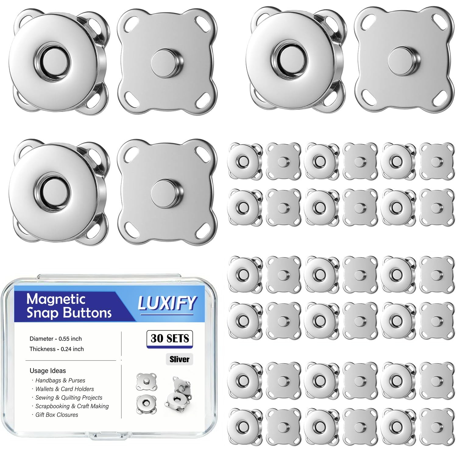 30 Sets Magnetic Snap Buttons, 0.55 Inch 14mm Strong Fasteners for silver