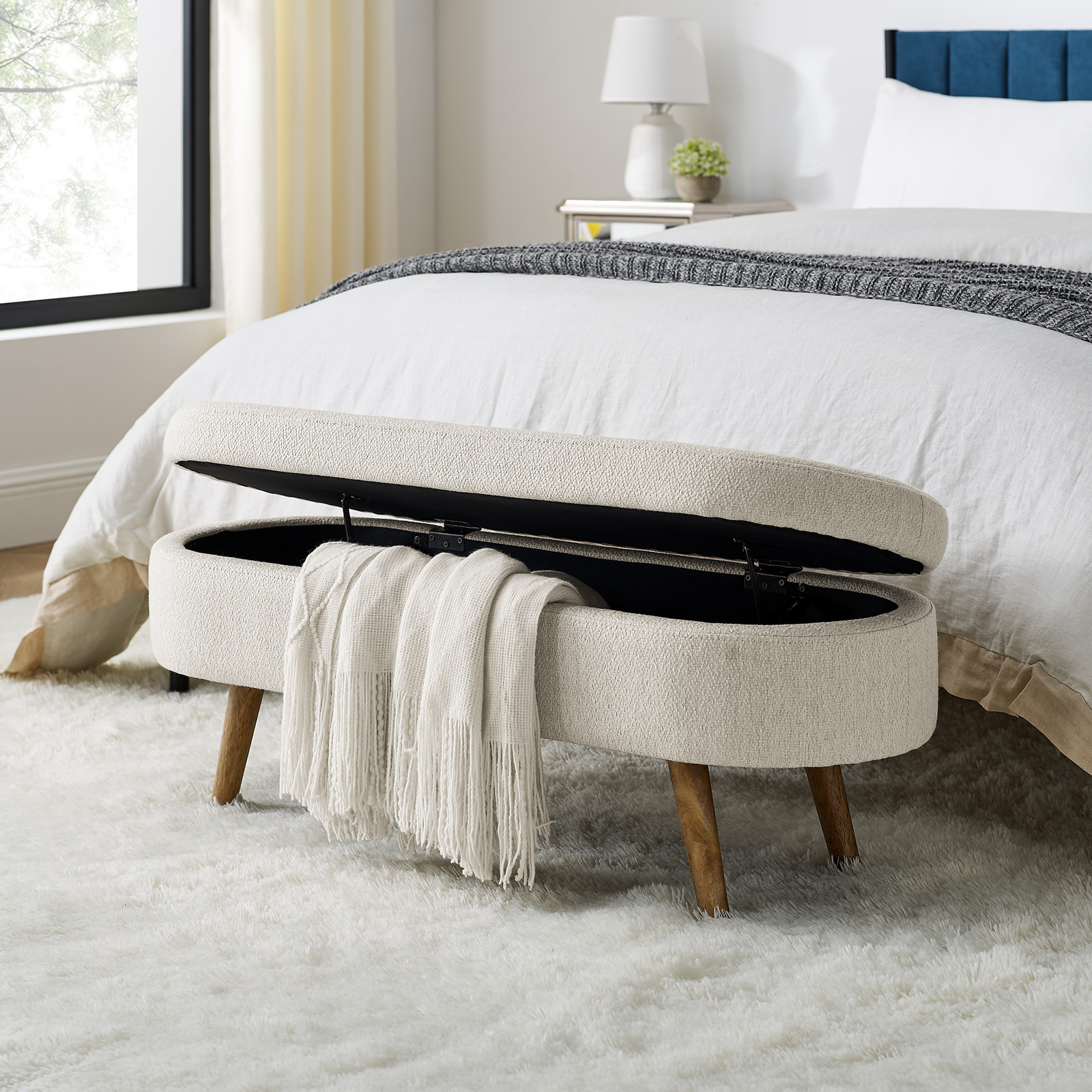 43.5 inch Storage Ottoman Bedroom Upholstered End of Bed Bench with Safety Hinge