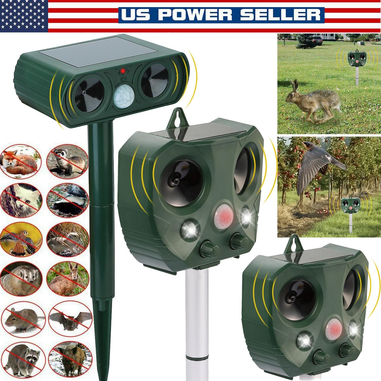 Animal Repeller Ultrasonic Solar Power Outdoor Pest Cat Mice Deer Garden Sensor