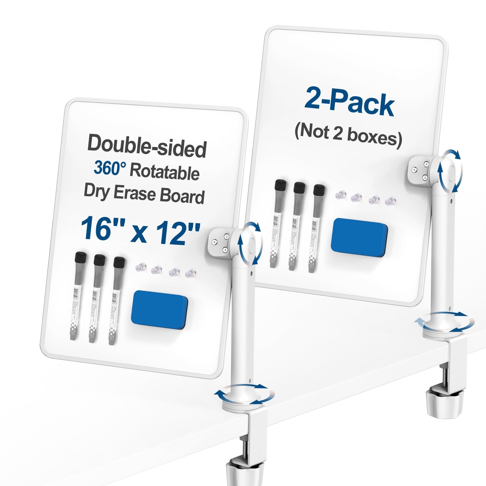 Double-Sided Desk Whiteboard with Dual 360 Swivel - 16" x 12" Clamp-On Deskto...