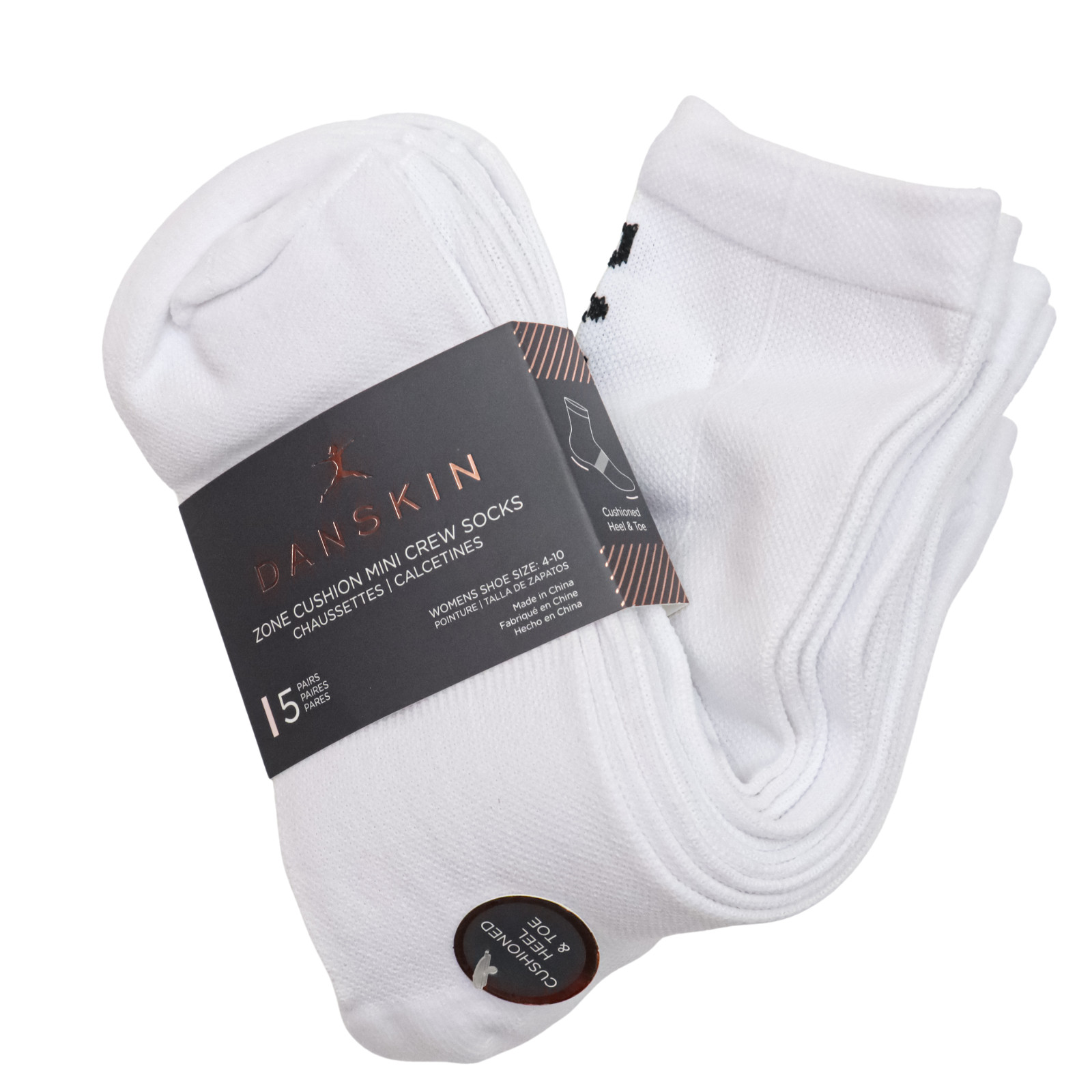 Danskin Women's Zone Cushion Mini WHITE Crew Socks 5 Pairs Size 4-10