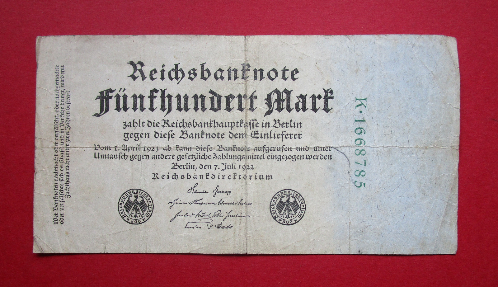 GERMANY   SCARCE  1922  ANTIQUE  500 MARK   CIRCULATED  BANKNOTE   SEE LISTING