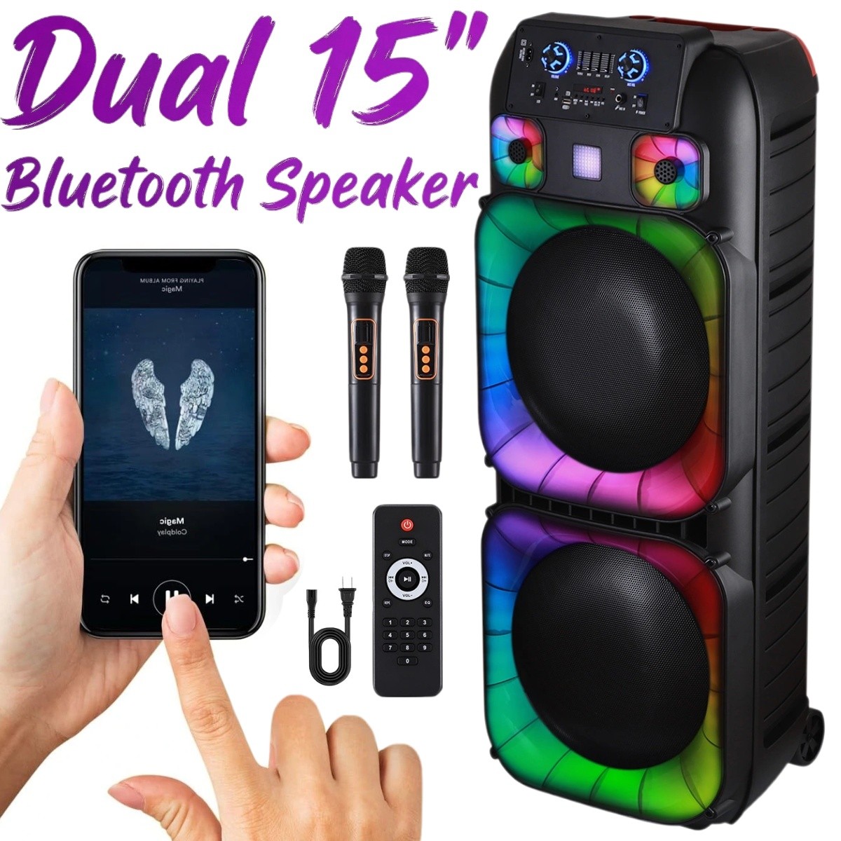 15,000W Dual 15" Bluetooth Speaker Subwoofer Heavy Bass Sound System Party W/Mic